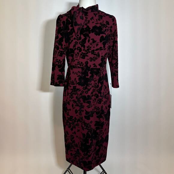 NWT Liz Claiborne Burgundy Black Burnout Velvet Floral Dress Neck Tie Womens 6 - Picture 1 of 12